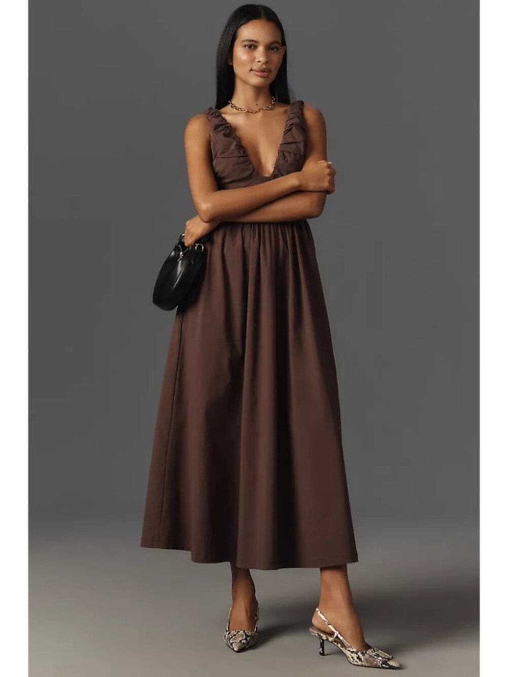 WeWoreWhat Ruched Linen Midi Dress Brown Sleeveless Deep V-Neck Party Resort XS